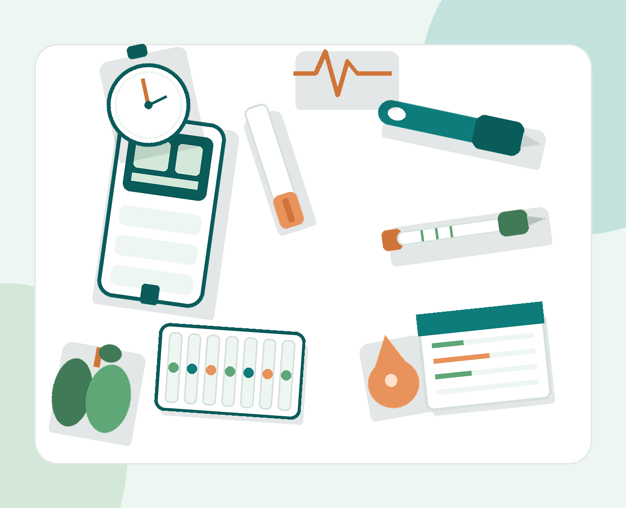 Illustration of everyday diabetes management tools -- a glucose meter, test strips, an insulin pen, a lancet device, a weekly pill organizer, and a blood sugar tracking log